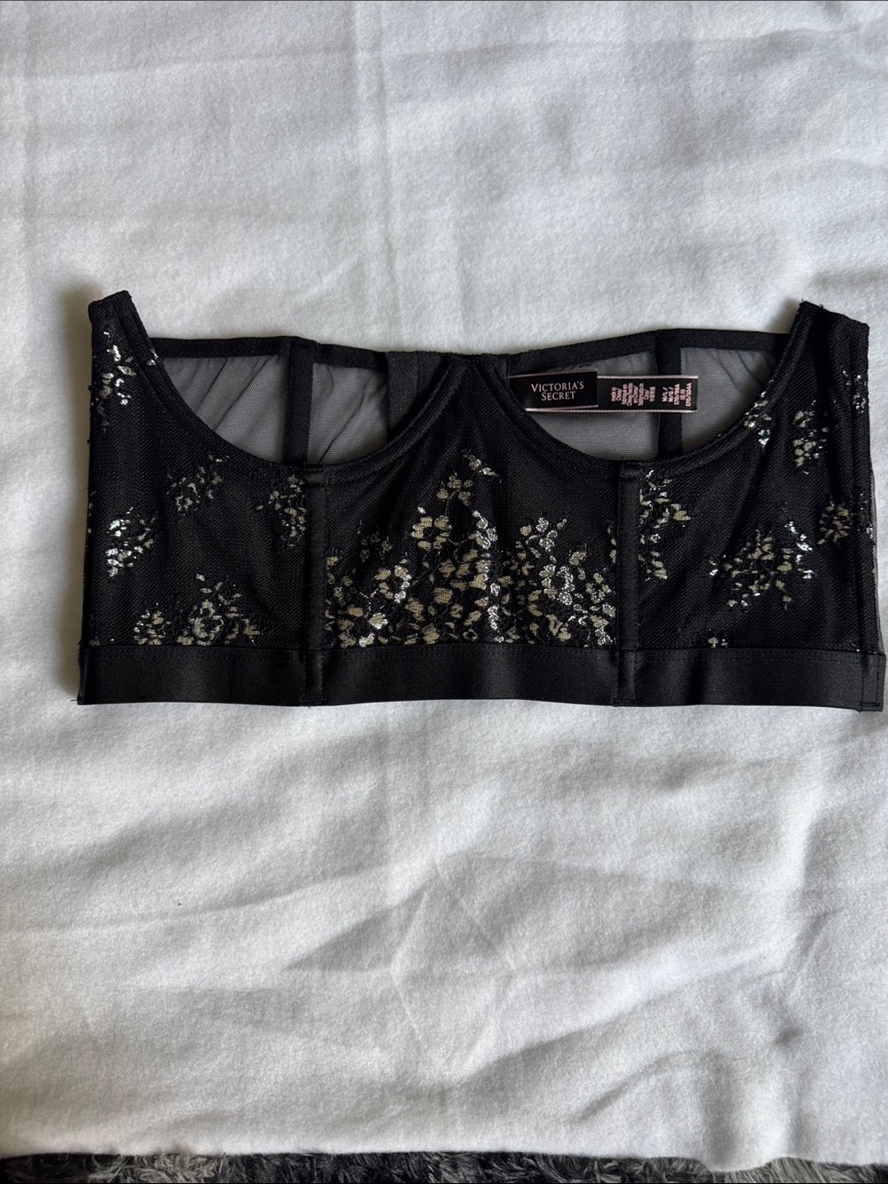 Victoria's Secret Black Mesh Floral Longline Bralette with Metallic Accents